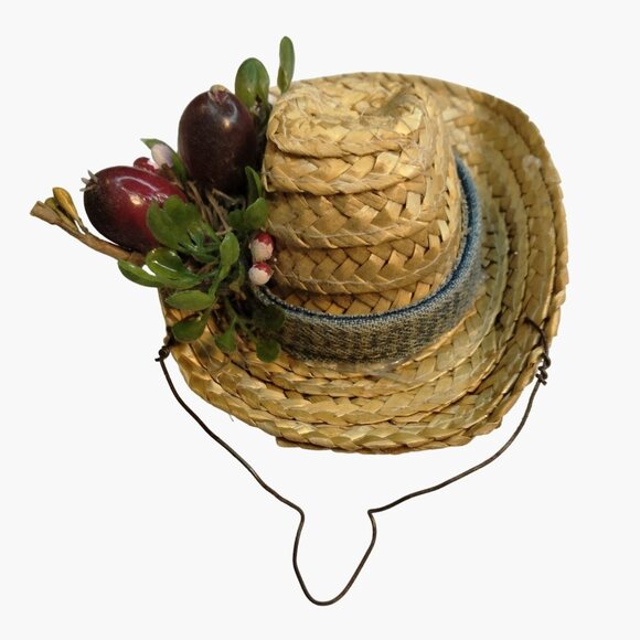 Straw Hat Christmas Ornament Vintage Fruit Mexican Hispanic Rustic Denim Band - Picture 4 of 8